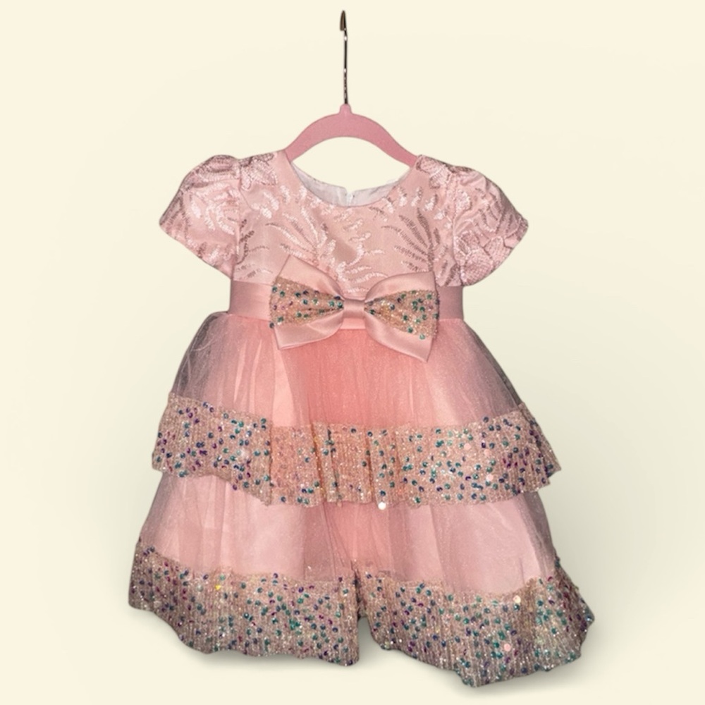 Sparkling Pink Baby Dress with Bow Perfect for Pageant or Special Occassion